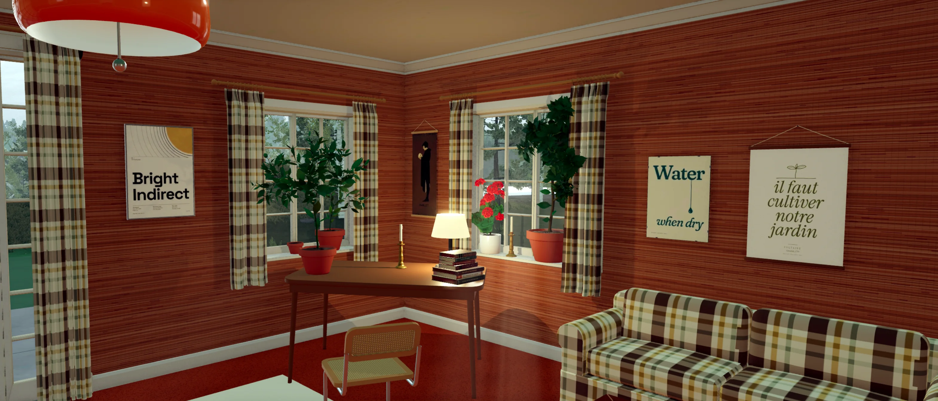 A cozy room with houseplants, a writing desk, and a plaid sofa